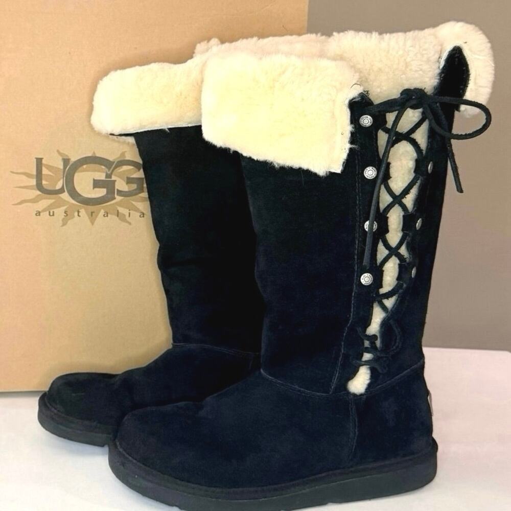 UGG Boots Size 7.5 Upside Black Suede Cream Shearling Tall Laced